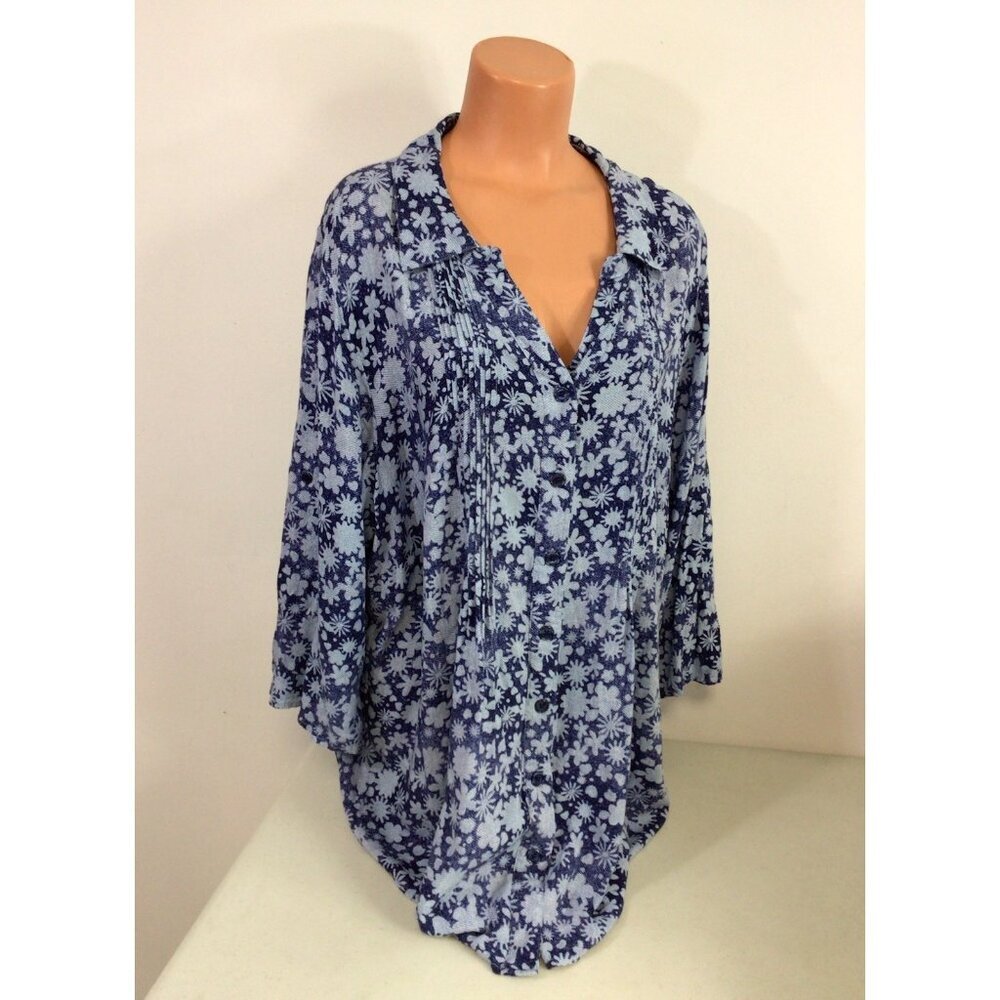 Blue Floral Blouse Peasant Top Womens 2X